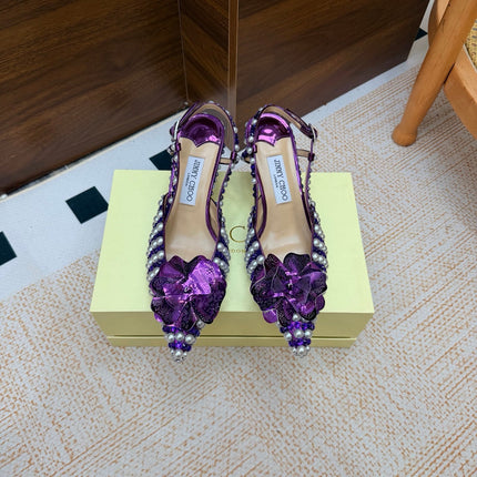 JIMMY CHOO 26S SLINGBACK PUMPS 65 MM IN PURPLE CRYSTAL AND PEARL EMBELLISHED