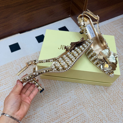 JIMMY CHOO 26S SLINGBACK PUMPS 65 MM IN GOLD STUDS AND PEARL EMBELLISHED