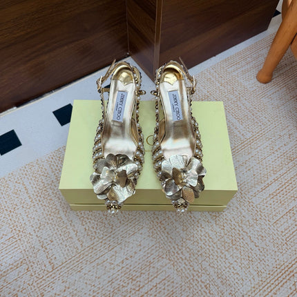 JIMMY CHOO 26S SLINGBACK PUMPS 65 MM IN GOLD STUDS AND PEARL EMBELLISHED