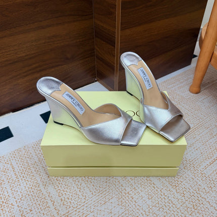 JIMMY CHOO 26S WEDGE SANDALS 95 MM IN SILVER METALLIC CALFSKIN