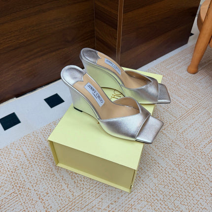 JIMMY CHOO 26S WEDGE SANDALS 95 MM IN SILVER METALLIC CALFSKIN