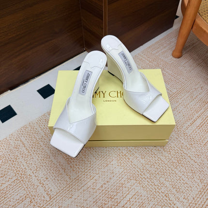JIMMY CHOO 26S WEDGE SANDALS 95 MM IN WHITE PATENT CALFSKIN