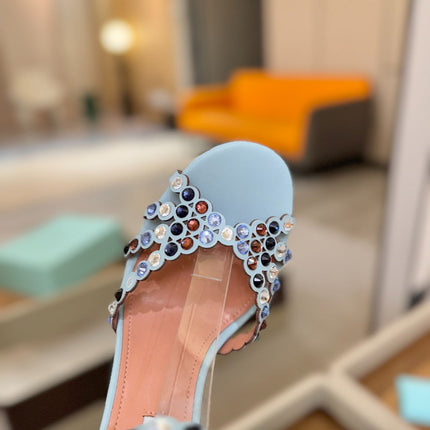 AQUAZZURA 26S STRAPPY HIGH HEELS 105 MM IN LIGHT BLUE LAMBSKIN