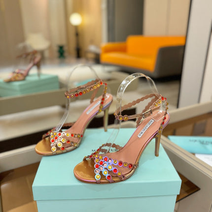 AQUAZZURA 26S STRAPPY HIGH HEELS 105 MM IN ROSE GOLD HOLOGRAM LAMBSKIN