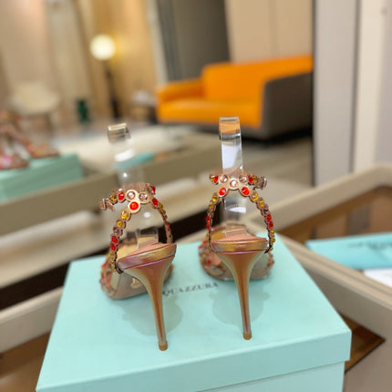 AQUAZZURA 26S STRAPPY HIGH HEELS 105 MM IN ROSE GOLD HOLOGRAM LAMBSKIN