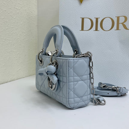 DIOR 26S LADY D-JOY MICRO BAG 16 IN LIGHT BLUE CALFSKIN SILVER HARDWARE