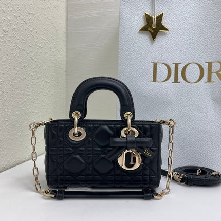 DIOR 26S LADY D-JOY MICRO BAG 16 IN BLACK CALFSKIN GOLD HARDWARE