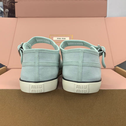 MIUMIU 26S MARY JANE FLATS IN PALE MINT CANVAS LOGO