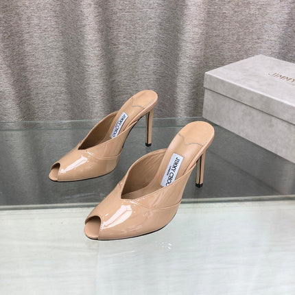 JIMMY CHOO 26S OPEN TOE HEEL MULES 100 MM IN BEIGE GLOSSY CALFSKIN