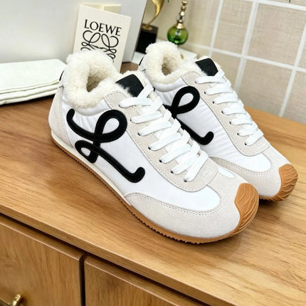 LOEWE 26S LACE UP SNEAKERS IN WHITE SUEDE AND NYLON WITH SHEARLING