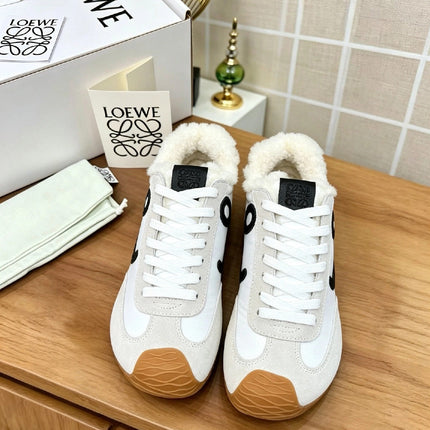 LOEWE 26S LACE UP SNEAKERS IN WHITE SUEDE AND NYLON WITH SHEARLING