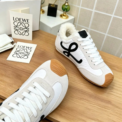 LOEWE 26S LACE UP SNEAKERS IN WHITE SUEDE AND NYLON WITH SHEARLING
