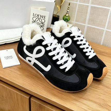 LOEWE 26S LACE UP SNEAKERS IN BLACK SUEDE AND NYLON WITH SHEARLING