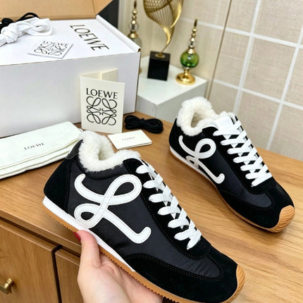 LOEWE 26S LACE UP SNEAKERS IN BLACK SUEDE AND NYLON WITH SHEARLING