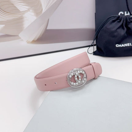 CC 30MM BELT IN FLAMINGO PINK CALFSKIN SILVER HARDWARE ATTACH PEARLS