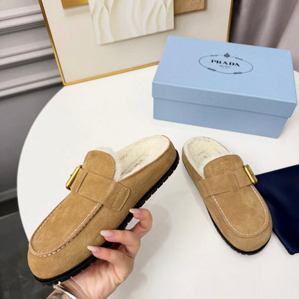 PRADA 26S SHEARLING-LINED MULES IN WARM BEIGE SUEDE
