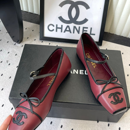 CHANEL 26S SQUARE TOE MARY JANE BALLET FLATS IN BURGUNDY RED AND BLACK CALFSKIN
