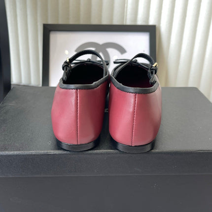 CHANEL 26S SQUARE TOE MARY JANE BALLET FLATS IN BURGUNDY RED AND BLACK CALFSKIN