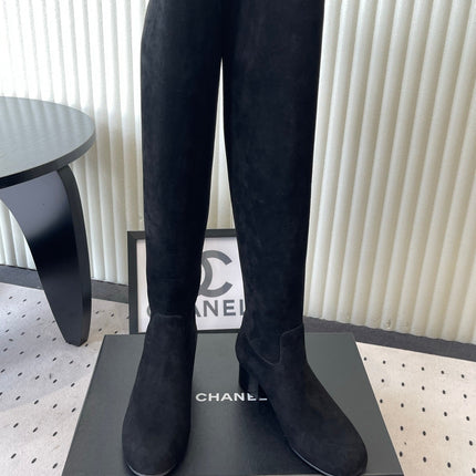 CHANEL 26S KNEE BLOCK HEEL BOOTS 50MM IN BLACK SUEDE SILVER HARDWARE