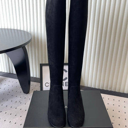 CHANEL 26S KNEE BLOCK HEEL BOOTS 50MM IN BLACK SUEDE SILVER HARDWARE