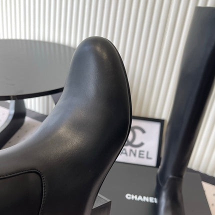 CHANEL 26S KNEE BLOCK HEEL BOOTS 50MM IN BLACK CALFSKIN SILVER HARDWARE