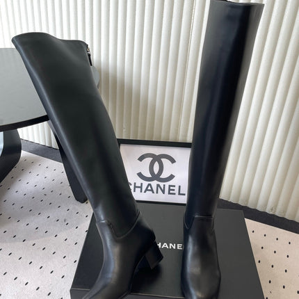 CHANEL 26S KNEE BLOCK HEEL BOOTS 50MM IN BLACK CALFSKIN SILVER HARDWARE
