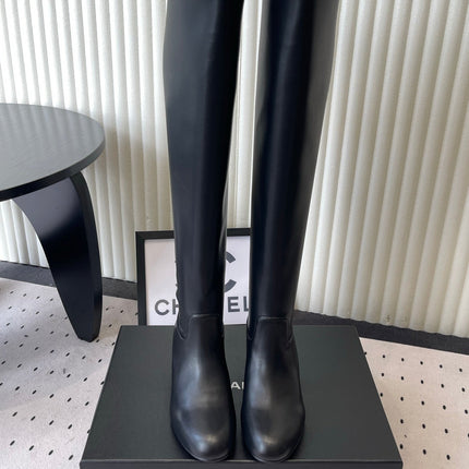 CHANEL 26S KNEE BLOCK HEEL BOOTS 50MM IN BLACK CALFSKIN SILVER HARDWARE