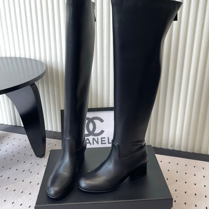 CHANEL 26S KNEE BLOCK HEEL BOOTS 50MM IN BLACK CALFSKIN SILVER HARDWARE