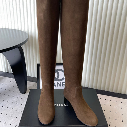 CHANEL 26S KNEE BLOCK HEEL BOOTS 50MM IN DARK BROWN SUEDE GOLD HARDWARE