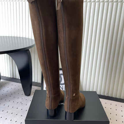 CHANEL 26S KNEE BLOCK HEEL BOOTS 50MM IN DARK BROWN SUEDE GOLD HARDWARE