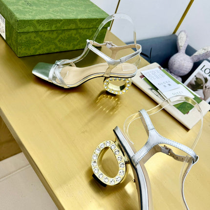 MEDIUM-HEEL SANDAL IN SILVER CALFSKIN GOLD HARDWARE WITH RHINSTONES
