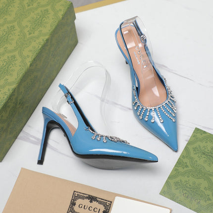 GG CRYSTAL HIGH HEEL SANDAL CERULEAN LAMBSKIN