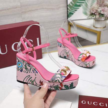 GG WEDGE HEEL SANDALS 100 IN PINK FABRIC FLORAL PRINT