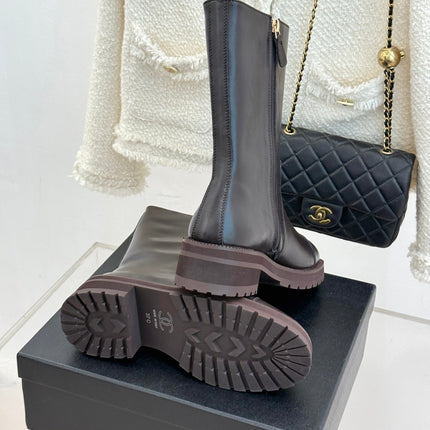 CHANEL 26S MID CALF BOOTS 45MM IN DARK BROWN SMOOTH CALFSKIN WITH PERFORATED CC LOGO CAP TOE