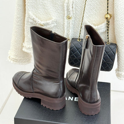 CHANEL 26S MID CALF BOOTS 45MM IN DARK BROWN SMOOTH CALFSKIN WITH PERFORATED CC LOGO CAP TOE