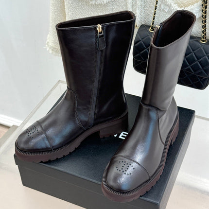 CHANEL 26S MID CALF BOOTS 45MM IN DARK BROWN SMOOTH CALFSKIN WITH PERFORATED CC LOGO CAP TOE
