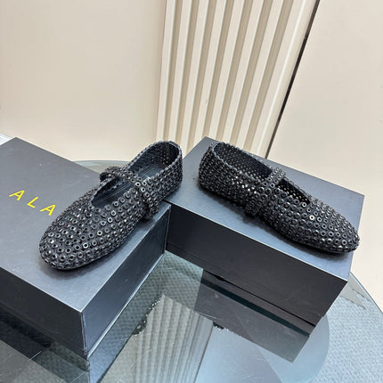 BALLET FLATS IN GLASS EYELET SUEDE GOATSKIN BLACK