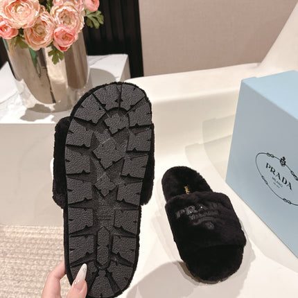 PRADA 25S FLAT MULES IN BLACK RABBIT FUR