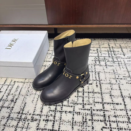 DIOR 26S MID CALF BIKER BOOTS IN BLACK CALFSKIN WITH BUCKLE GOLD HARDWARE