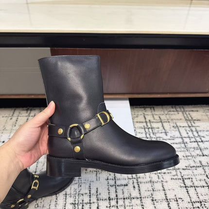 DIOR 26S MID CALF BIKER BOOTS IN BLACK CALFSKIN WITH BUCKLE GOLD HARDWARE
