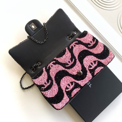 CHANEL 26S CLASSIC FLAP BAG 21 IN BLACK MIX PINK SEQUINS