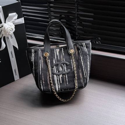 CHANEL 26S SHOPPING TOTE 21 IN BLACK WITH WHITE VERTICAL-STRIPED TWEED