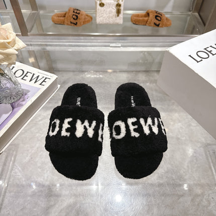 LOEWE 26S FLUFFY SLIDE SANDALS IN BLACK SHEARLING WITH WHITE LOGO