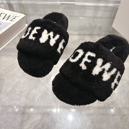 LOEWE 26S FLUFFY SLIDE SANDALS IN BLACK SHEARLING WITH WHITE LOGO