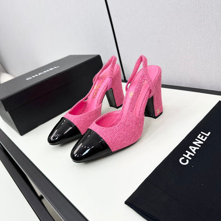 HIGH SLINGBACK BRIGHT PINK TWEED AND BLACK CALFSKIN