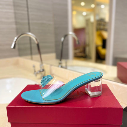 HIGH MULE 60MM IN AQUA BLUE SHEEPSKIN AND TRANSPARENT PVC