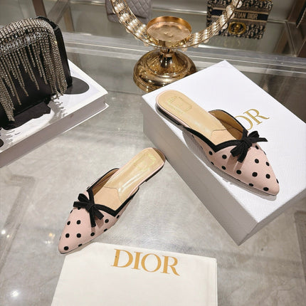 DIOR 26S POINTED TOE MULES IN PINK AND BLACK POLKA DOT FABRIC WITH BOW