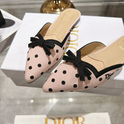 DIOR 26S POINTED TOE MULES IN PINK AND BLACK POLKA DOT FABRIC WITH BOW