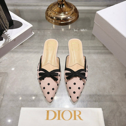 DIOR 26S POINTED TOE MULES IN PINK AND BLACK POLKA DOT FABRIC WITH BOW