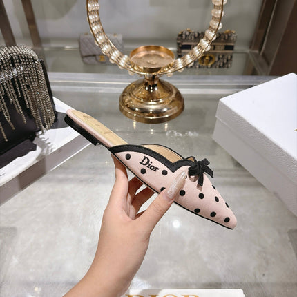 DIOR 26S POINTED TOE MULES IN PINK AND BLACK POLKA DOT FABRIC WITH BOW